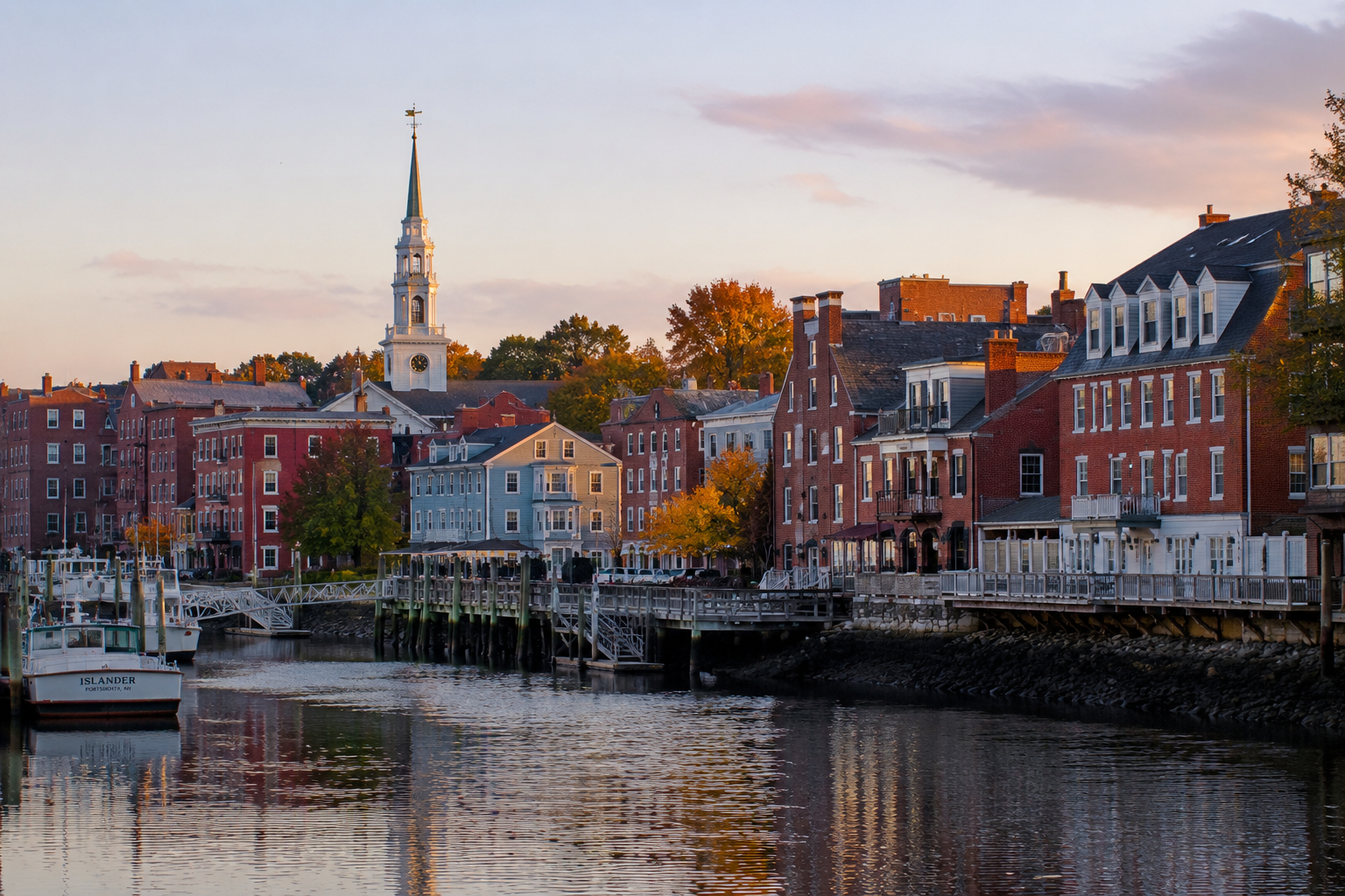 Autumn sunset over waterfront town